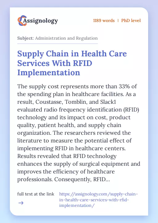 Supply Chain in Health Care Services With RFID Implementation - Essay Preview