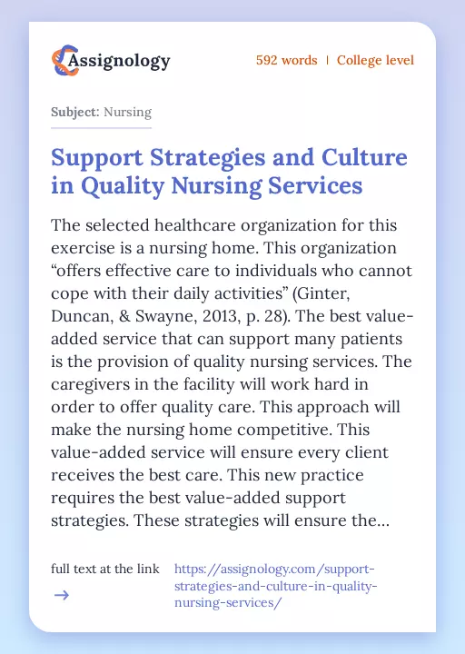 Support Strategies and Culture in Quality Nursing Services - Essay Preview