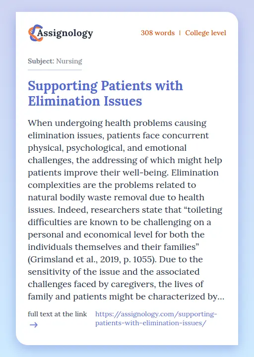 Supporting Patients with Elimination Issues - Essay Preview