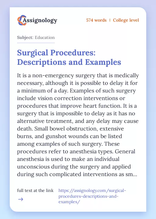 Surgical Procedures: Descriptions and Examples - Essay Preview