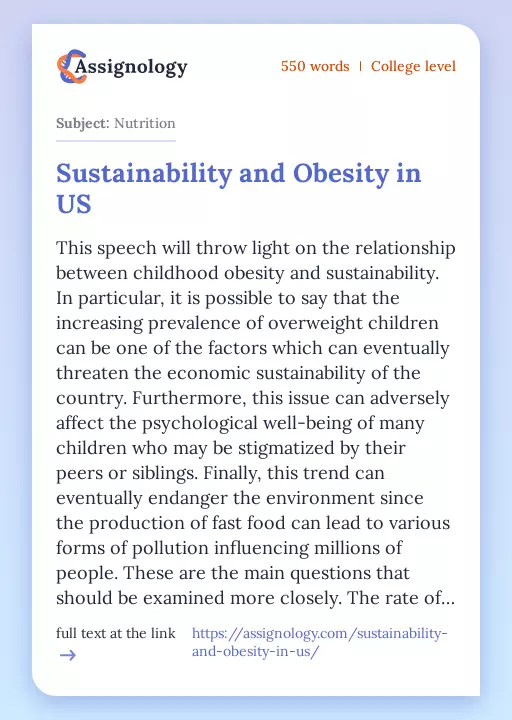 Sustainability and Obesity in US - Essay Preview