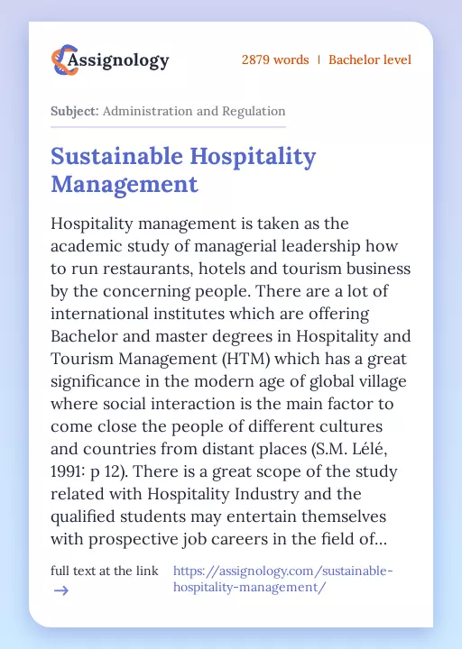Sustainable Hospitality Management - Essay Preview