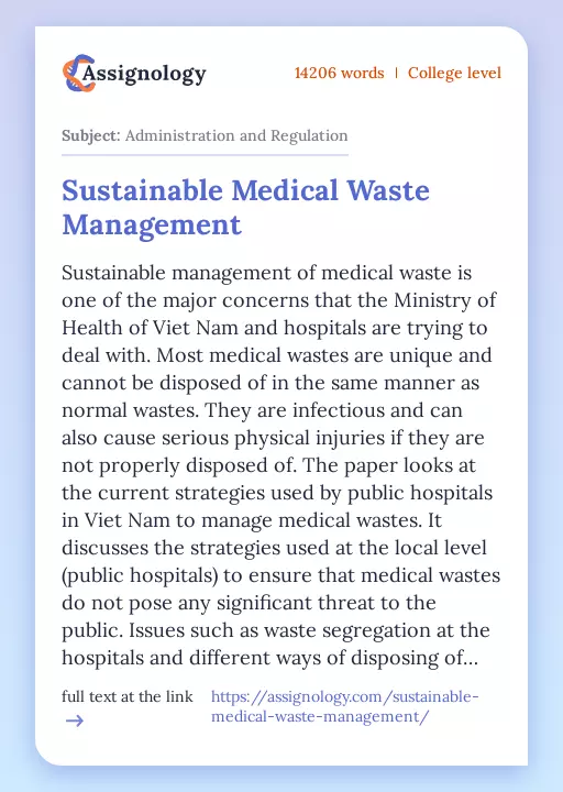 Sustainable Medical Waste Management - Essay Preview