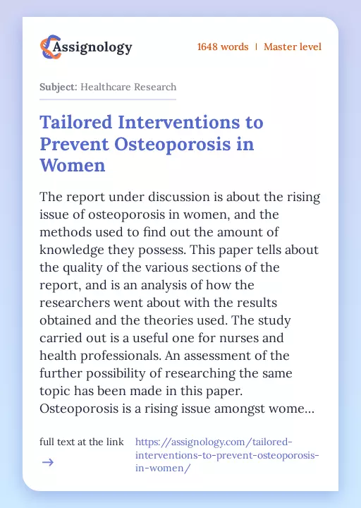 Tailored Interventions to Prevent Osteoporosis in Women - Essay Preview