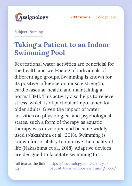Taking a Patient to an Indoor Swimming Pool - Essay Preview