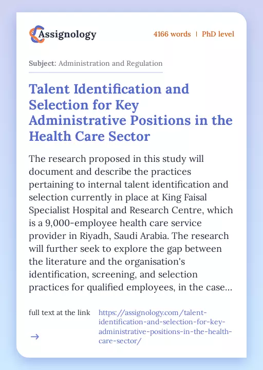 Talent Identification and Selection for Key Administrative Positions in the Health Care Sector - Essay Preview