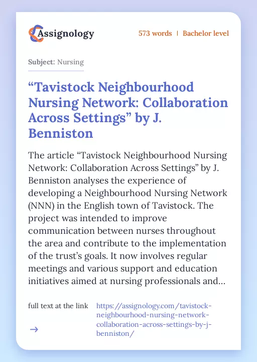 “Tavistock Neighbourhood Nursing Network: Collaboration Across Settings” by J. Benniston - Essay Preview
