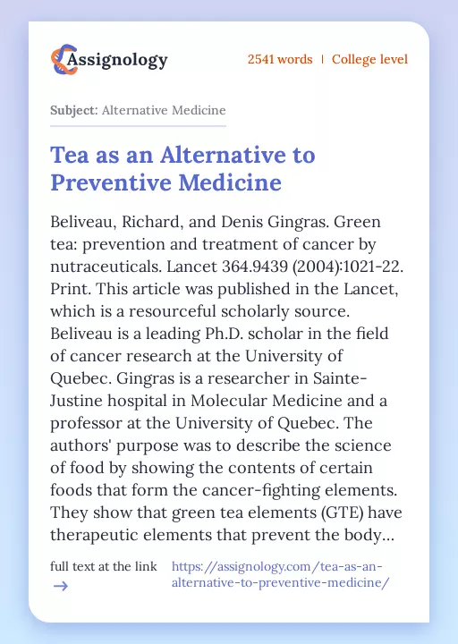 Tea as an Alternative to Preventive Medicine - Essay Preview
