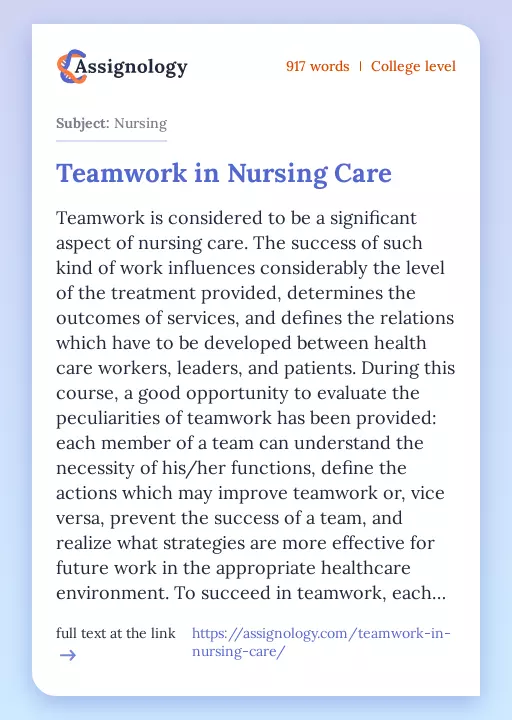 Teamwork in Nursing Care - Essay Preview