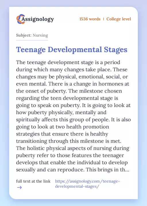 Teenage Developmental Stages - Essay Preview