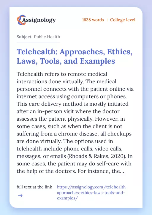 Telehealth: Approaches, Ethics, Laws, Tools, and Examples - Essay Preview