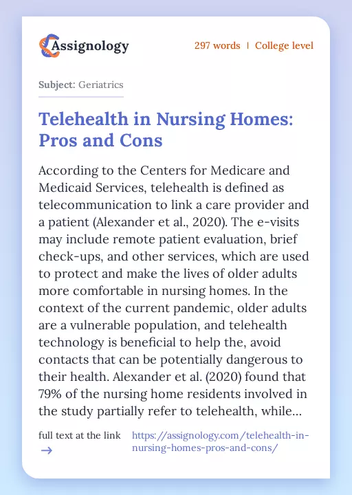 Telehealth in Nursing Homes: Pros and Cons - Essay Preview