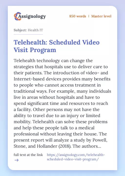 Telehealth: Scheduled Video Visit Program - Essay Preview