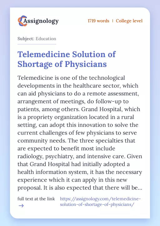 Telemedicine Solution of Shortage of Physicians - Essay Preview