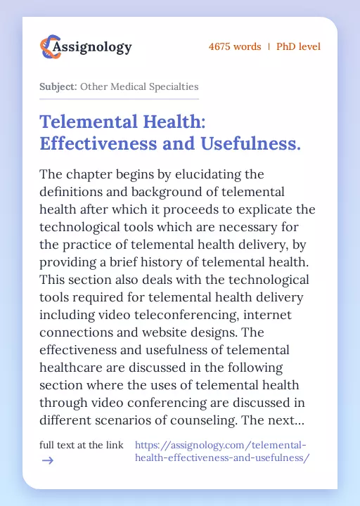 Telemental Health: Effectiveness and Usefulness. - Essay Preview