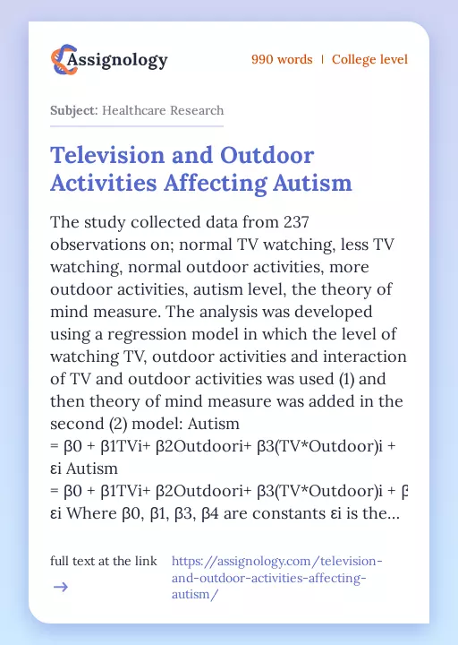 Television and Outdoor Activities Affecting Autism - Essay Preview