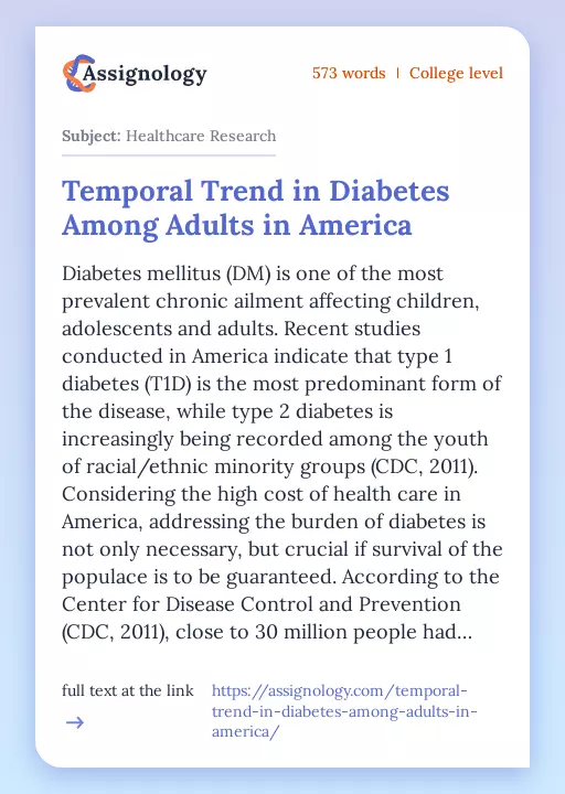Temporal Trend in Diabetes Among Adults in America - Essay Preview