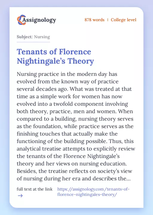 Tenants of Florence Nightingale’s Theory - Essay Preview