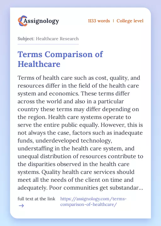 Terms Comparison of Healthcare - Essay Preview