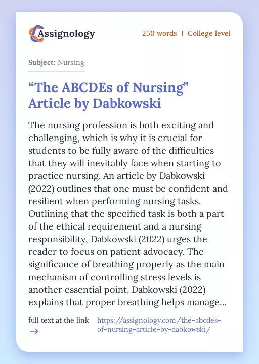 “The ABCDEs of Nursing” Article by Dabkowski - Essay Preview