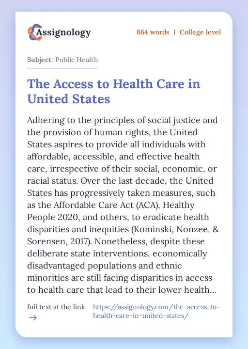 The Access to Health Care in United States - Essay Preview
