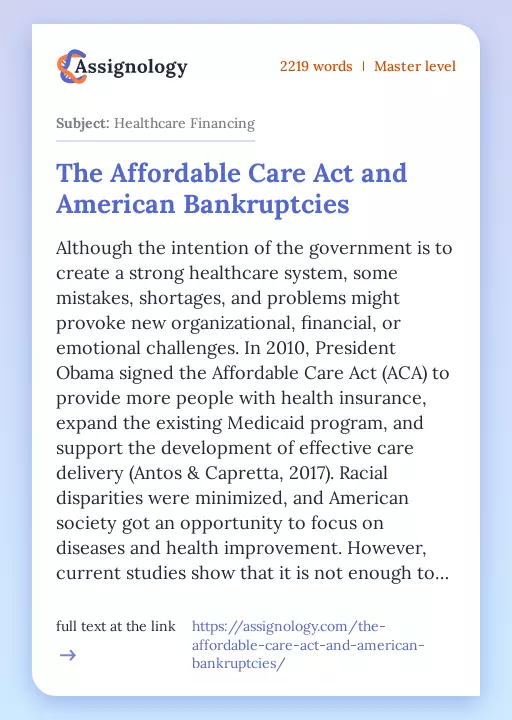 The Affordable Care Act and American Bankruptcies - Essay Preview