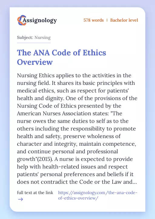 The ANA Code of Ethics Overview - Essay Preview