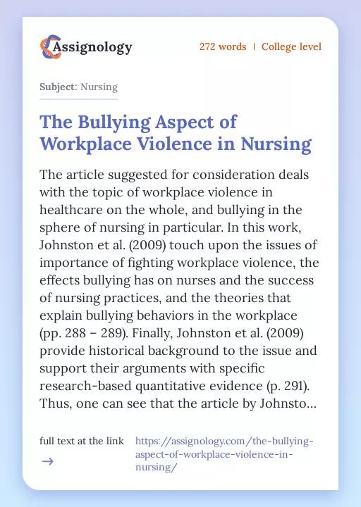 The Bullying Aspect of Workplace Violence in Nursing - Essay Preview