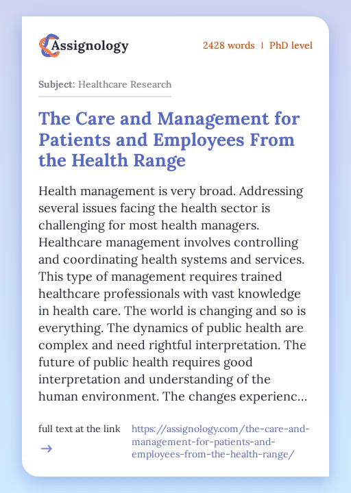 The Care and Management for Patients and Employees From the Health Range - Essay Preview