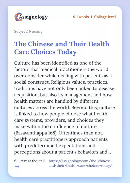 The Chinese and Their Health Care Choices Today - Essay Preview