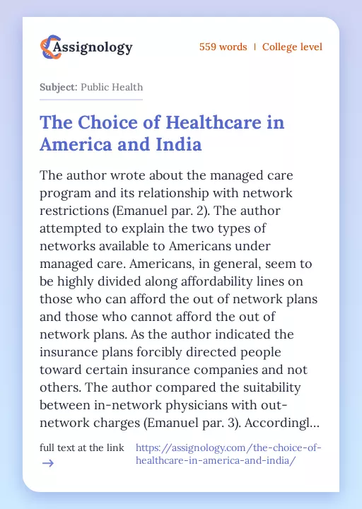 The Choice of Healthcare in America and India - Essay Preview