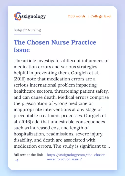 The Chosen Nurse Practice Issue - Essay Preview
