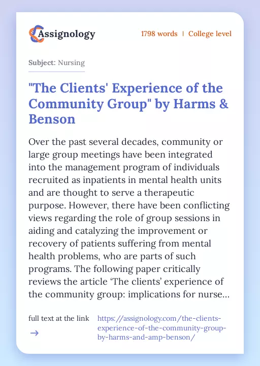 "The Clients' Experience of the Community Group" by Harms & Benson - Essay Preview