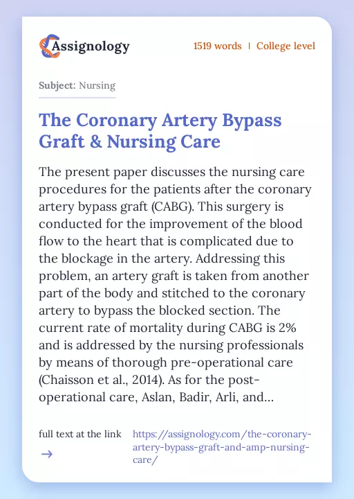 The Coronary Artery Bypass Graft & Nursing Care - Essay Preview