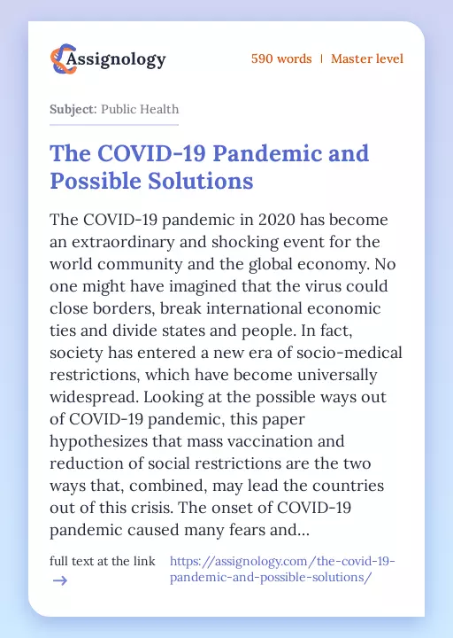 The COVID-19 Pandemic and Possible Solutions - Essay Preview
