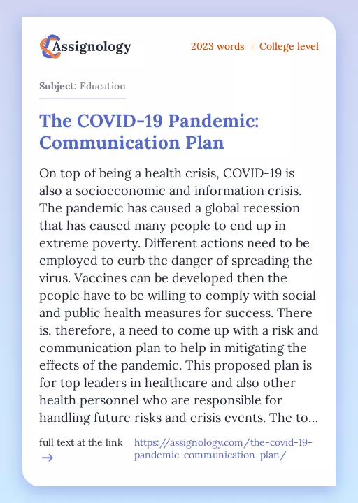 The COVID-19 Pandemic: Communication Plan - Essay Preview