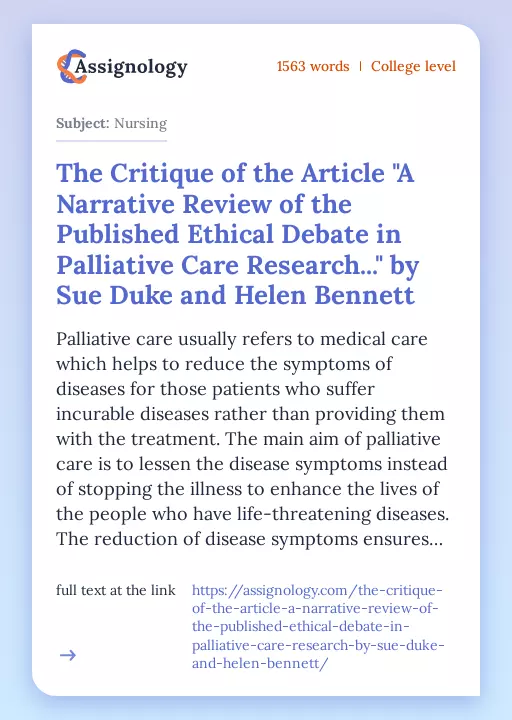 The Critique of the Article "A Narrative Review of the Published Ethical Debate in Palliative Care Research..." by Sue Duke and Helen Bennett - Essay Preview