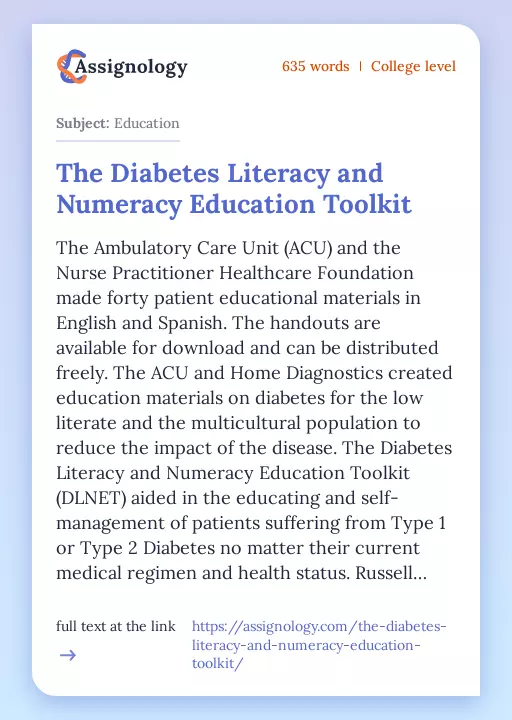 The Diabetes Literacy and Numeracy Education Toolkit - Essay Preview