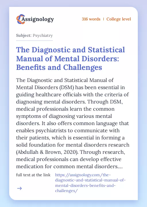 The Diagnostic and Statistical Manual of Mental Disorders: Benefits and Challenges - Essay Preview