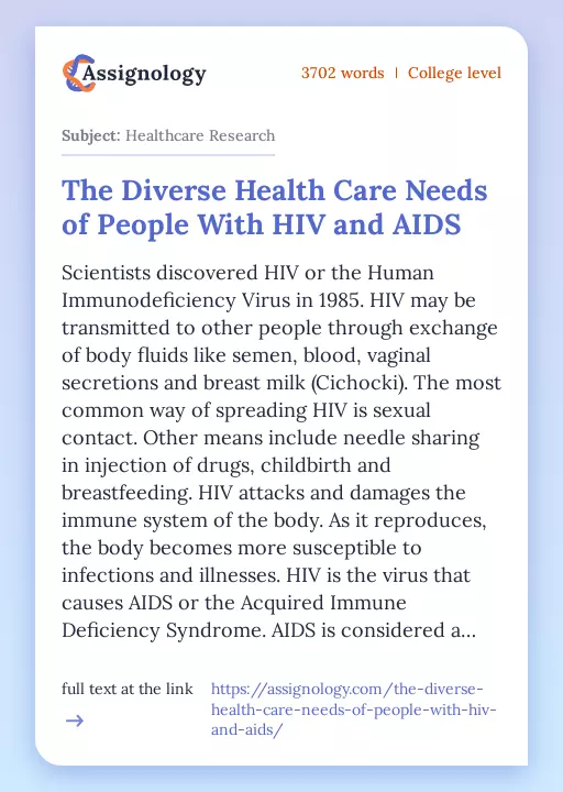 The Diverse Health Care Needs of People With HIV and AIDS - Essay Preview