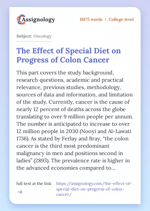 The Effect of Special Diet on Progress of Colon Cancer - Essay Preview