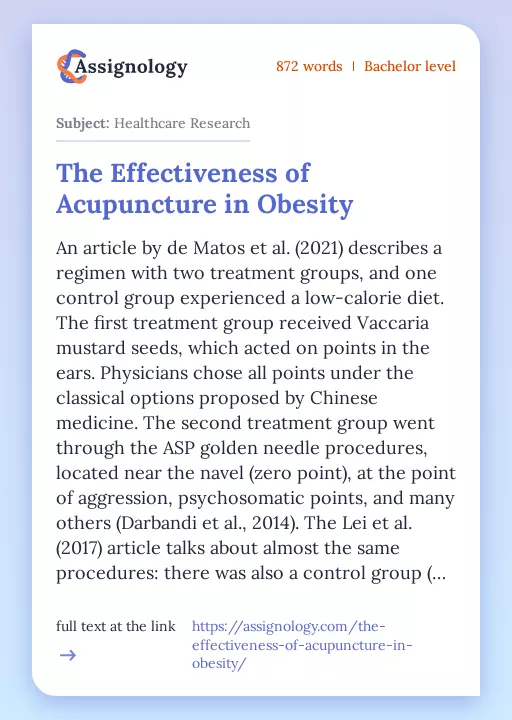 The Effectiveness of Acupuncture in Obesity - Essay Preview