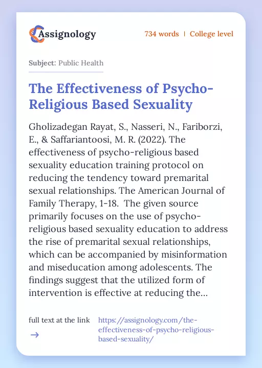 The Effectiveness of Psycho-Religious Based Sexuality - Essay Preview