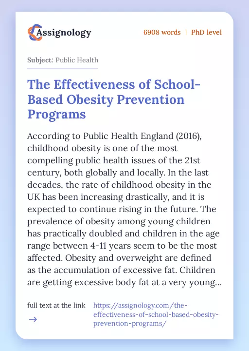 The Effectiveness of School-Based Obesity Prevention Programs - Essay Preview