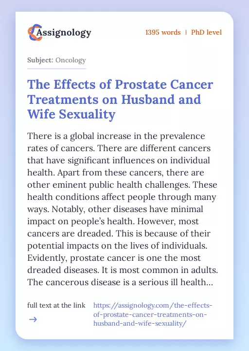 The Effects of Prostate Cancer Treatments on Husband and Wife Sexuality - Essay Preview