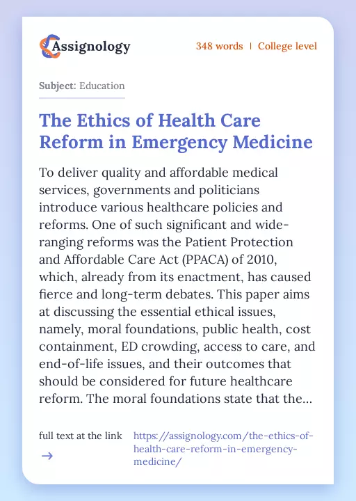 The Ethics of Health Care Reform in Emergency Medicine - Essay Preview