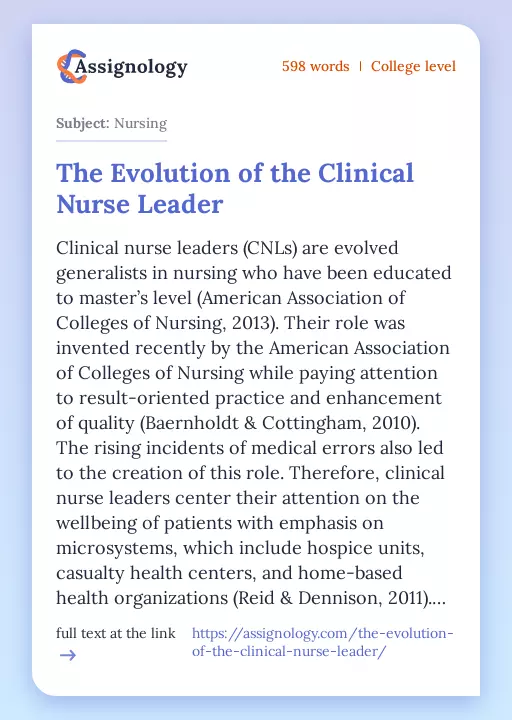 The Evolution of the Clinical Nurse Leader - Essay Preview