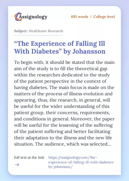 “The Experience of Falling Ill With Diabetes” by Johansson - Essay Preview