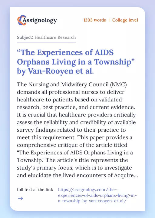 “The Experiences of AIDS Orphans Living in a Township” by Van-Rooyen et al. - Essay Preview