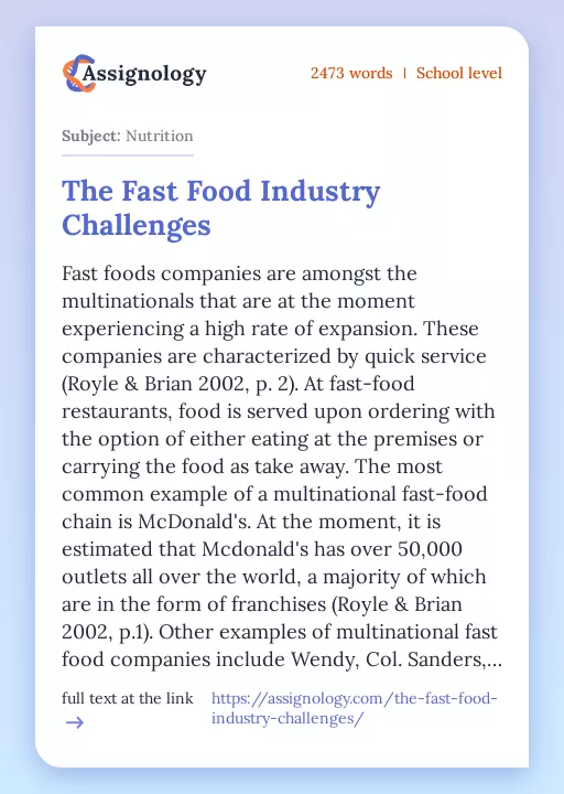 The Fast Food Industry Challenges - Essay Preview